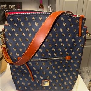 Dooney & Bourke Navy Logo Tote with Tan Leather Strap
